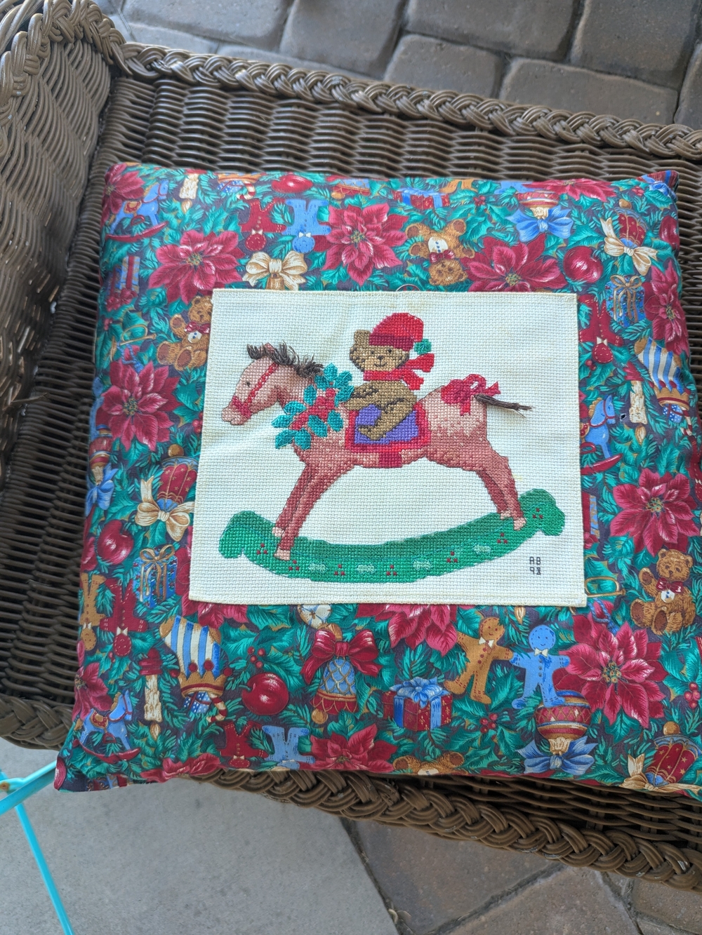 Holiday Rocking Horse Bear Accent Pillow in Red & Green